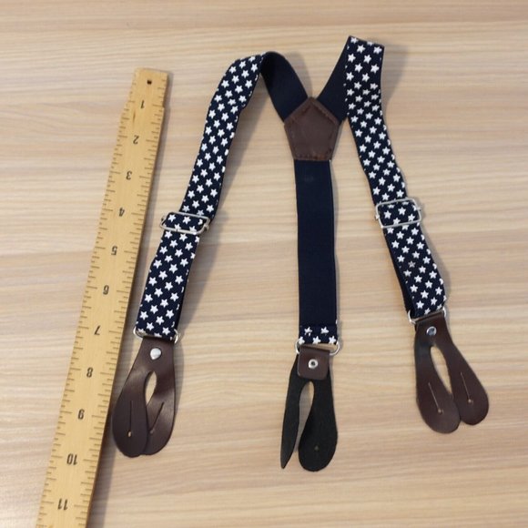 Suspender Boy Blue Dark White Button Leather Y Back Adjustable Stretch Star Fun - Picture 5 of 7